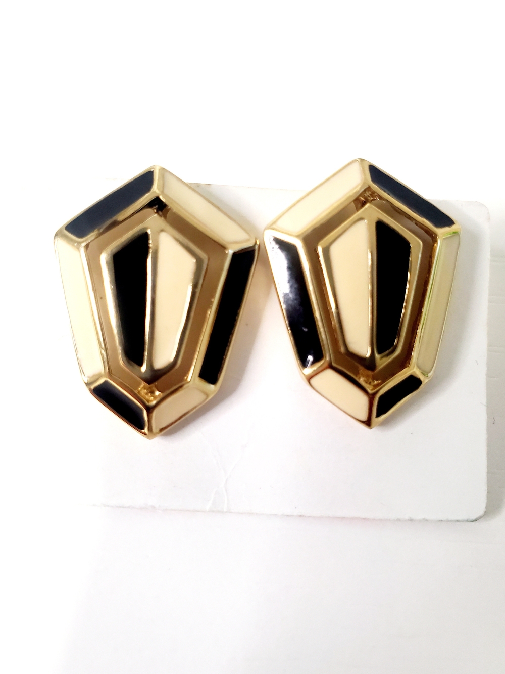 Gold and Black Geometric Shield Stud Earrings - Gizza Collection 2010
